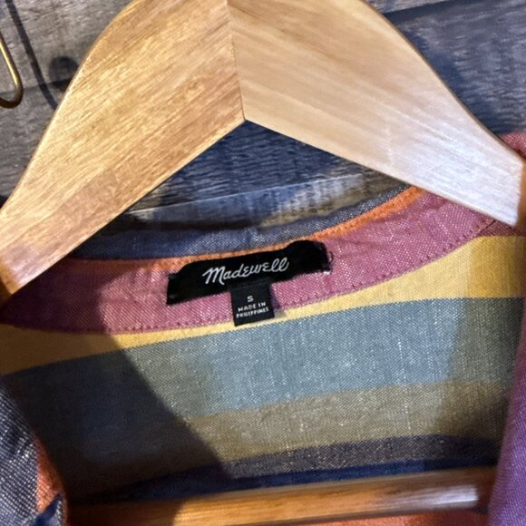 Madewell Striped Linen Short Sleeve Tie Front Shirt S Fall Rainbow Stripe - Picture 4 of 6